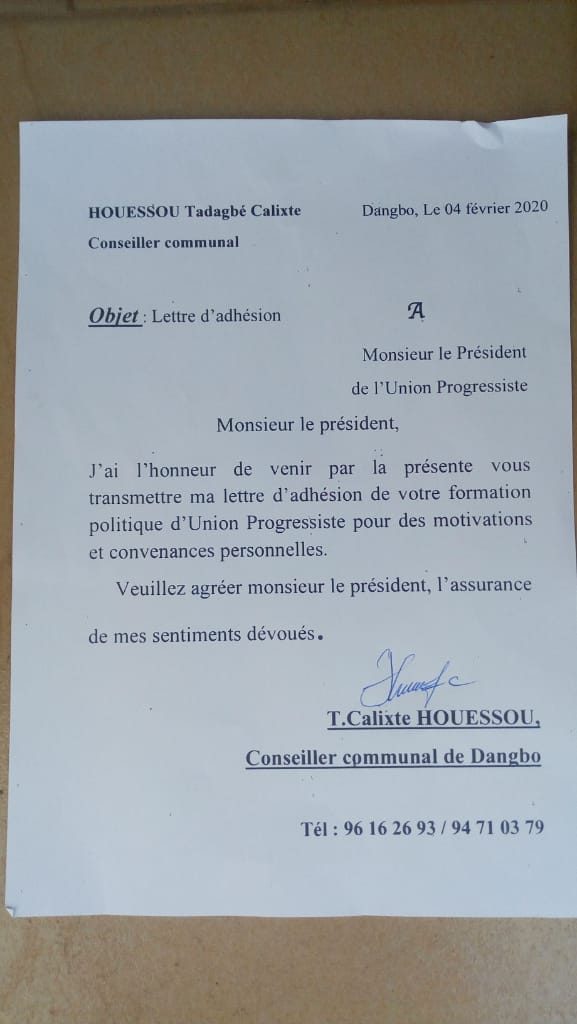 Lettre d'adhésion de Calixte HOUESSOU à l'UP